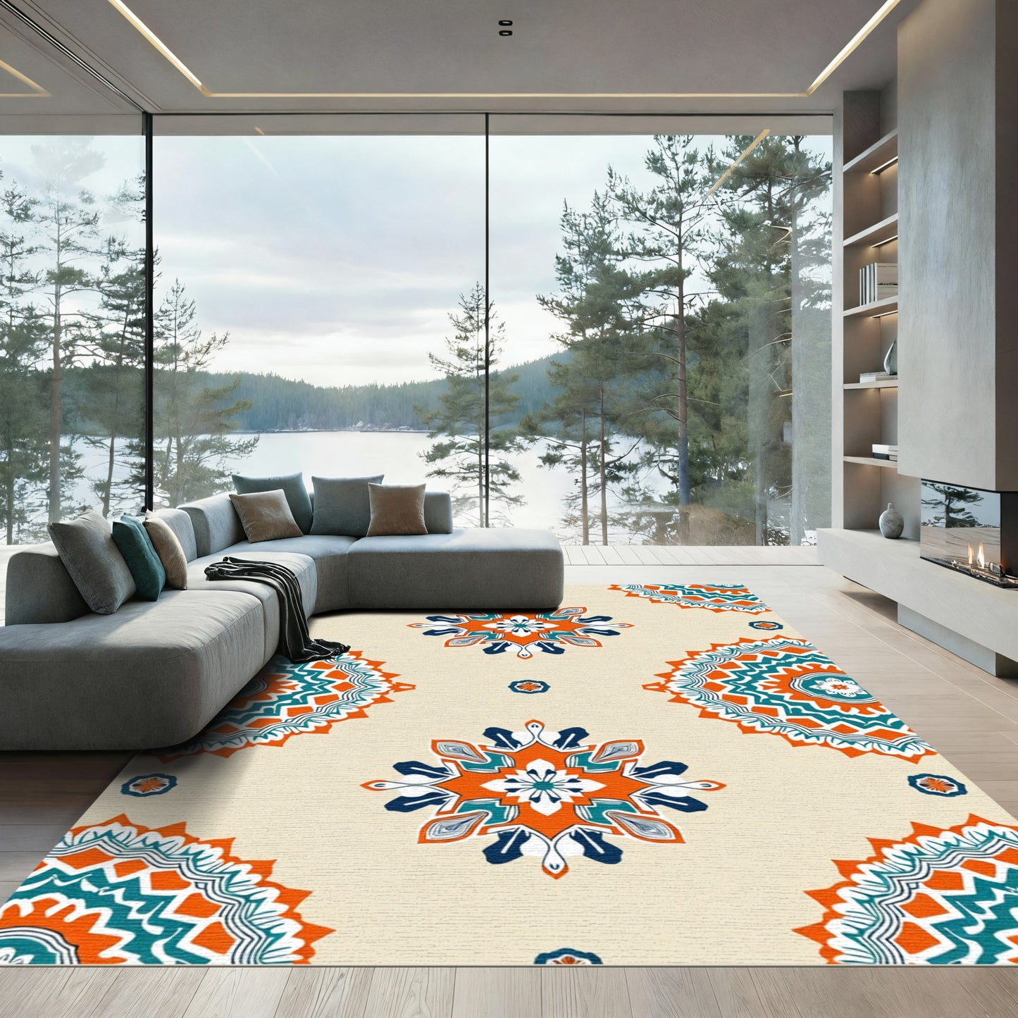 Orange Teal Symmetrical Medallion Rug