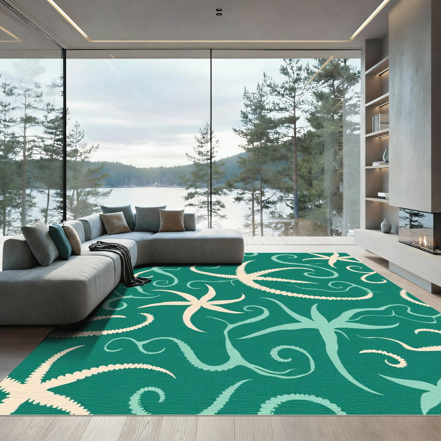 Teal Starfish Swirl Aquatic Motif Rug