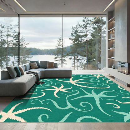 Teal Starfish Swirl Aquatic Motif Rug