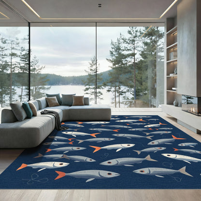 School of Silver Fish Orange Fins Rug