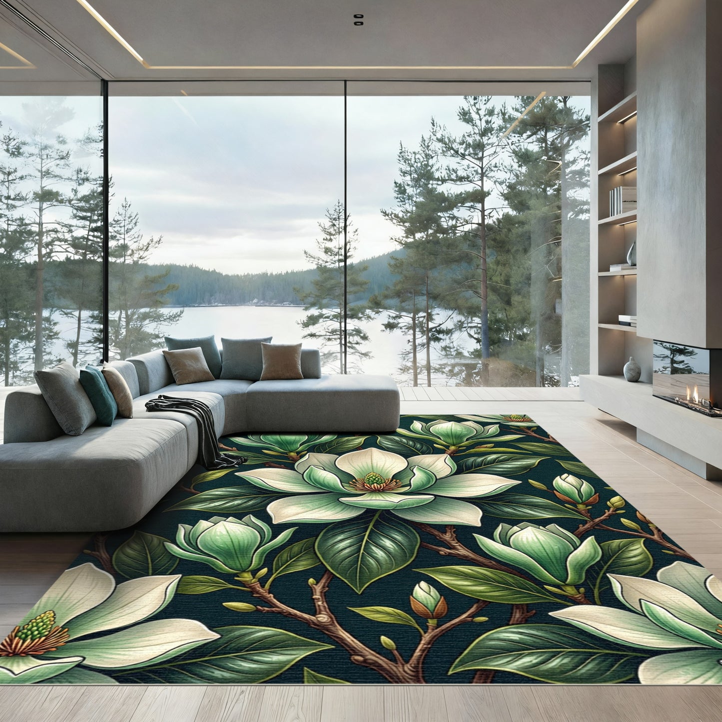 Elegant Cream Magnolia Botanical Art Rug