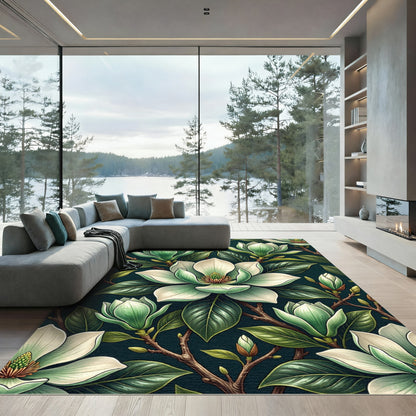 Elegant Cream Magnolia Botanical Art Rug