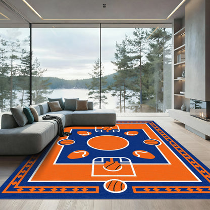 Orange Blue Basketball Court Geometric Rug