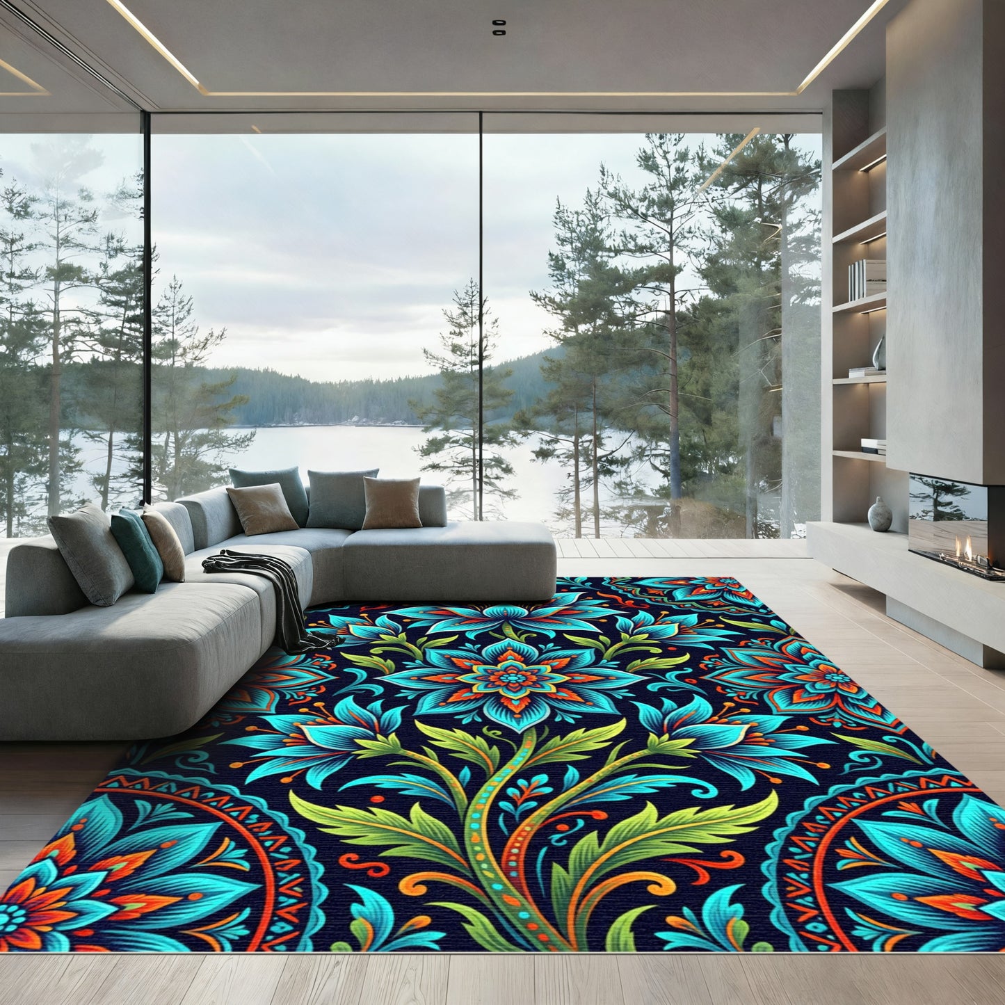 Vibrant Cyan Floral Medallion Garden Rug