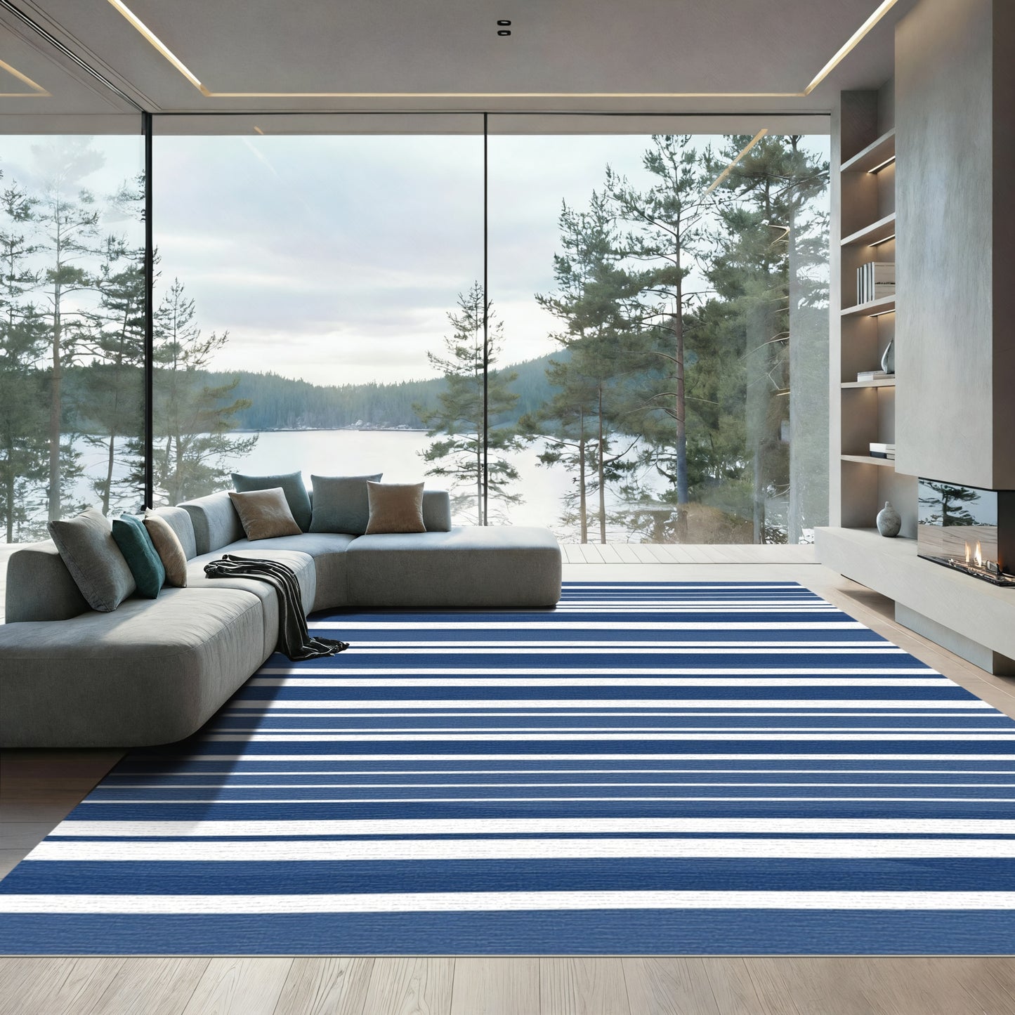 Navy Blue White Horizontal Stripe Rug
