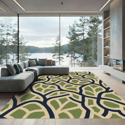 Navy Green Leafy Vine Weave Rug