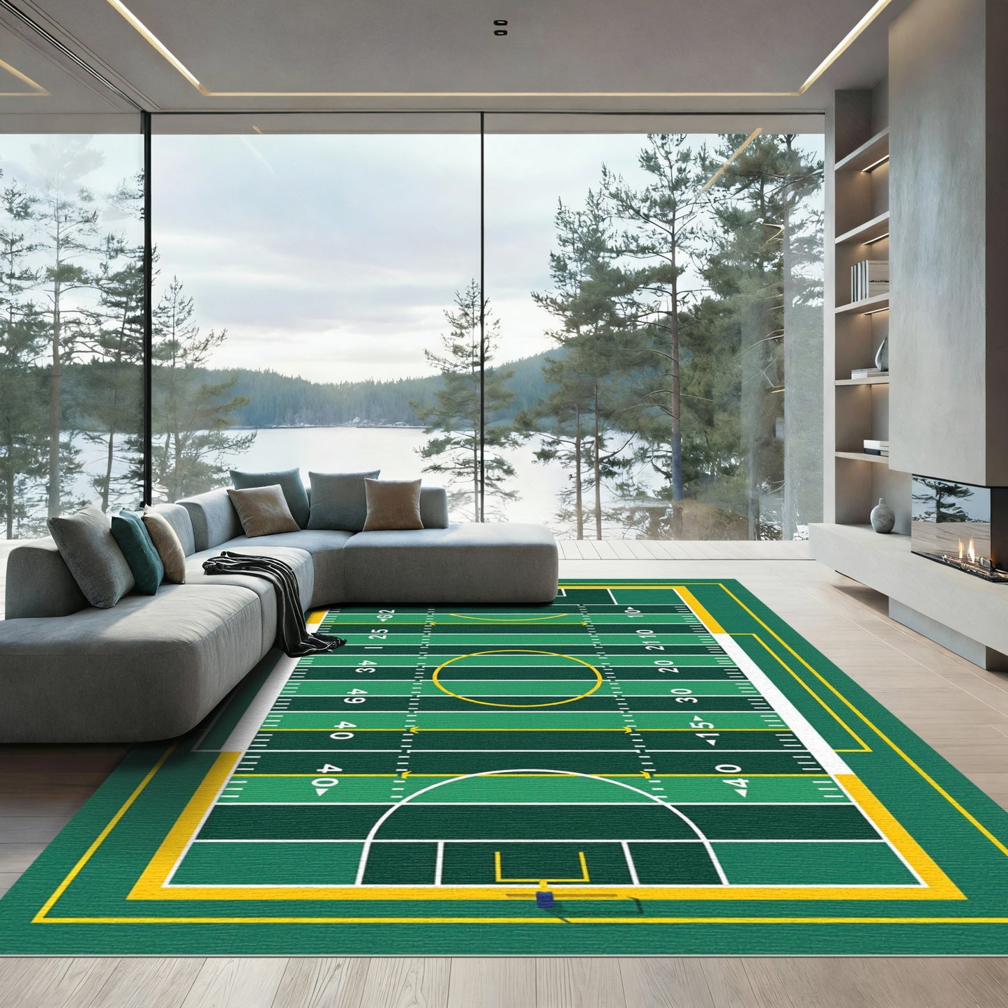 Modern Emerald Football Field Grid Rug