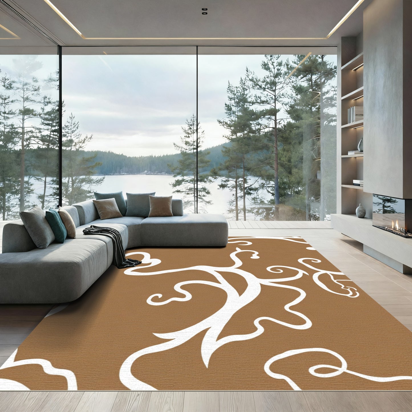 Brown White Organic Vine Swirl Rug