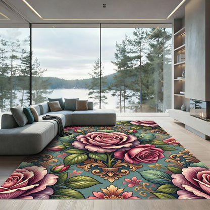 Elegant Dusty Rose Floral Damask Rug