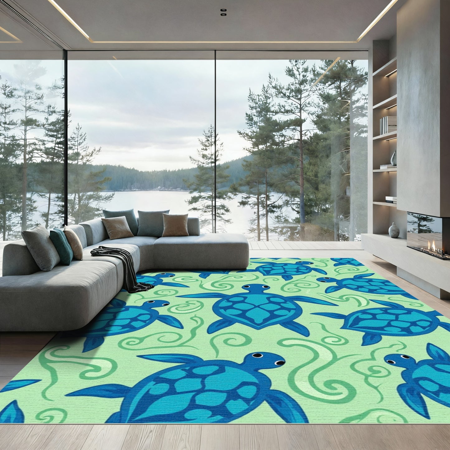 Blue Sea Turtle Swirls Ocean Rug