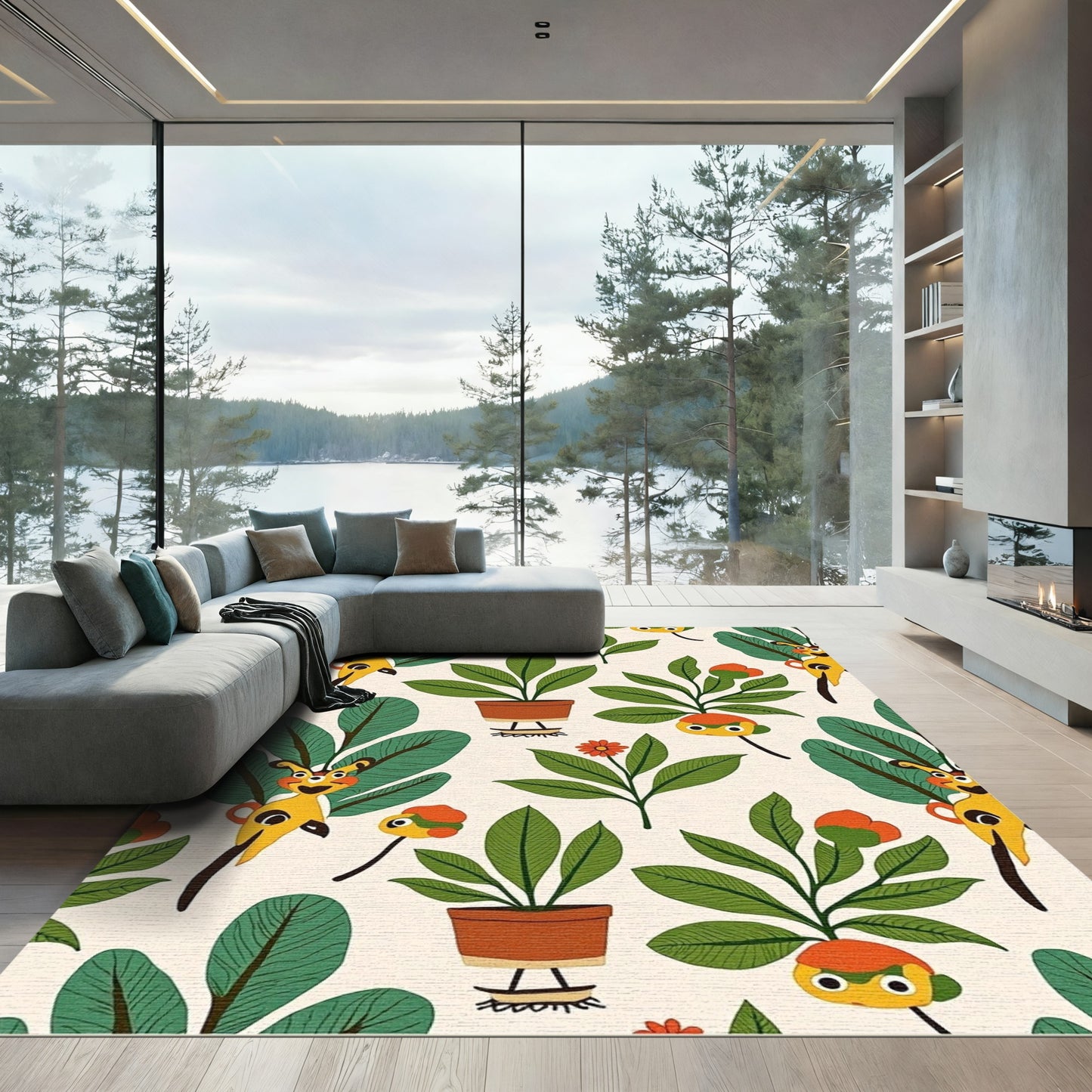 Whimsical Yellow Creature Garden Folk Art Rug