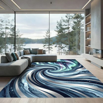 Celestial Aurora Swirl Silver Blue Rug