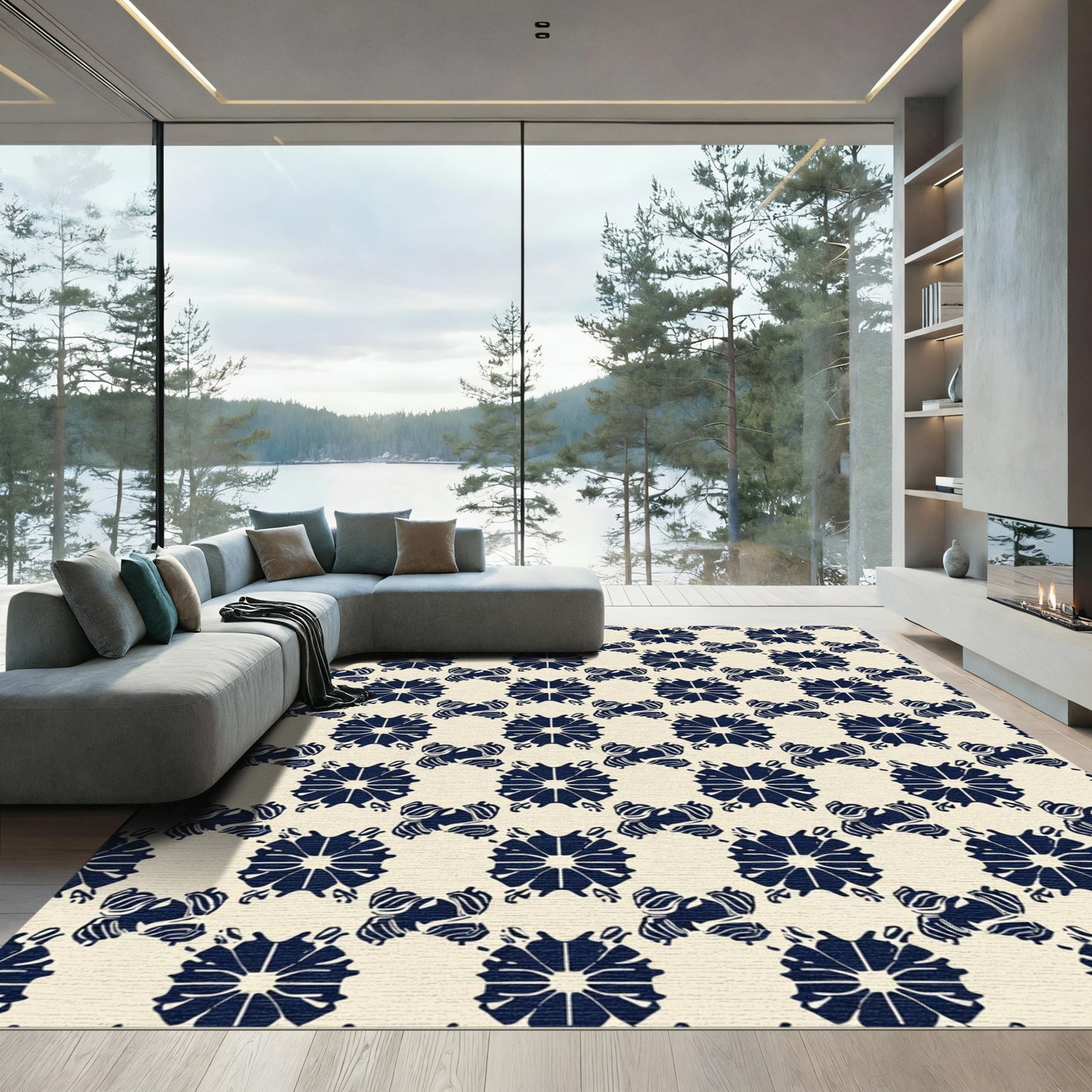 Navy White Floral Medallion Repeat Rug