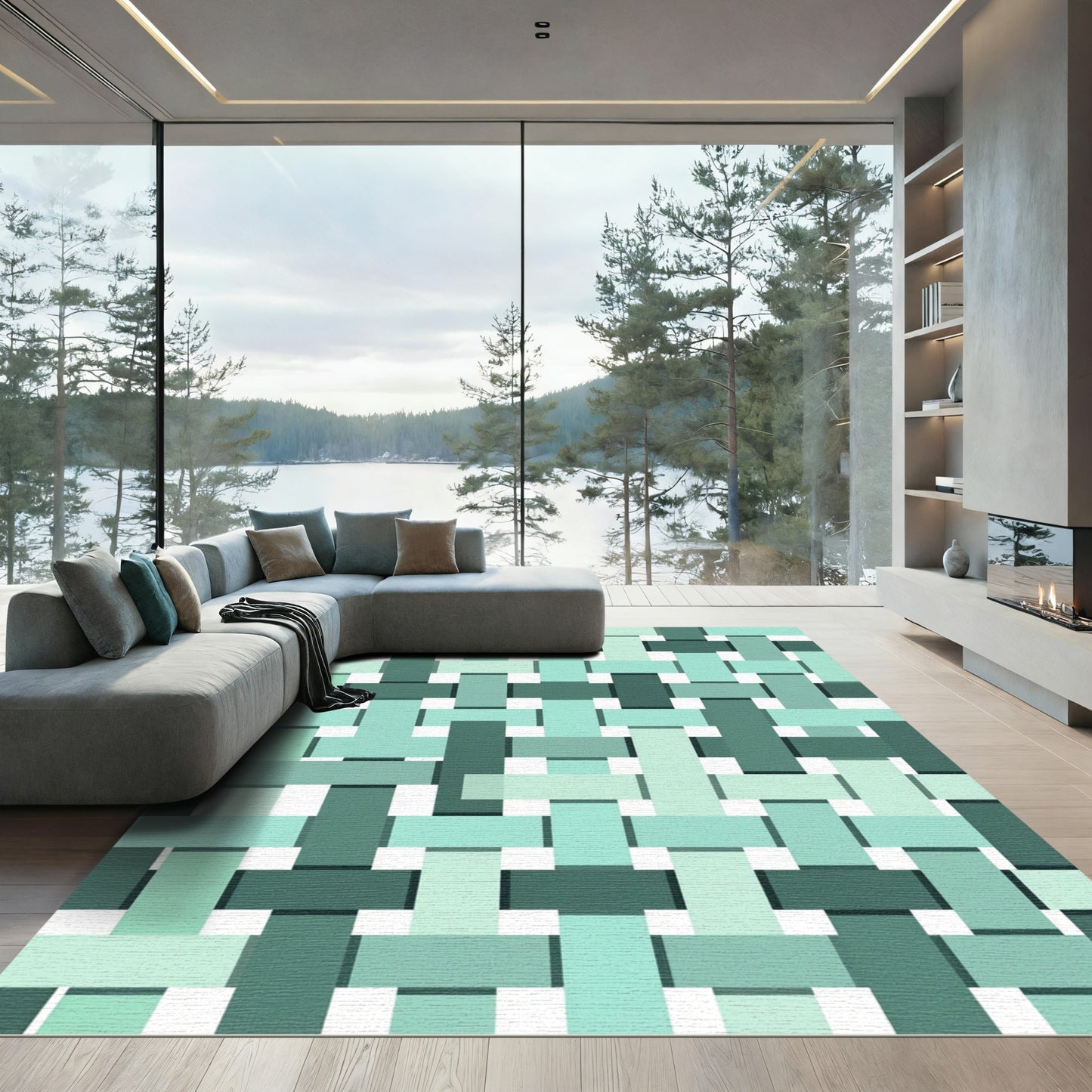 Sage Teal Overlapping Woven Geometric Rug