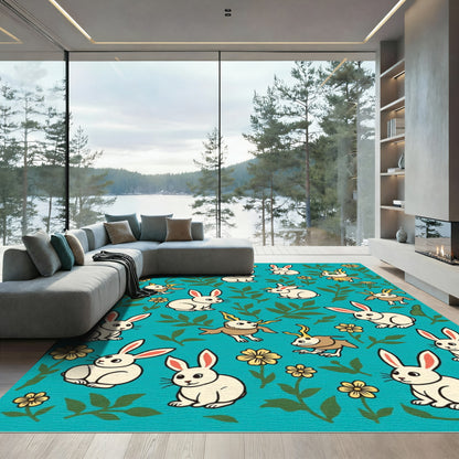 Whimsical White Bunnies Floral Collage Rug