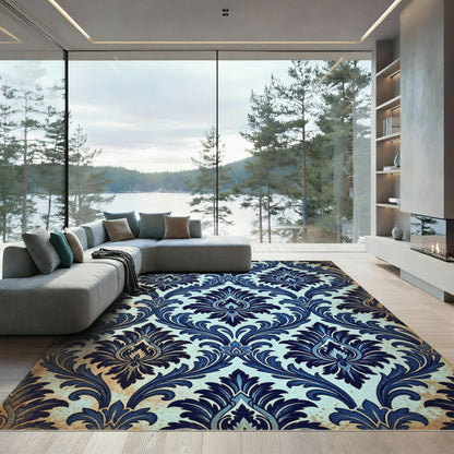 Elegant Midnight Blue Damask Scroll Rug