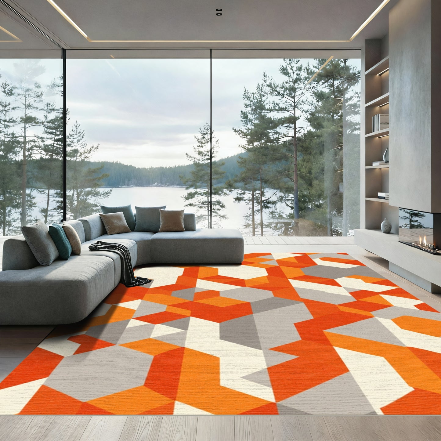 Vivid Orange Gray Geometric Illusion Rug
