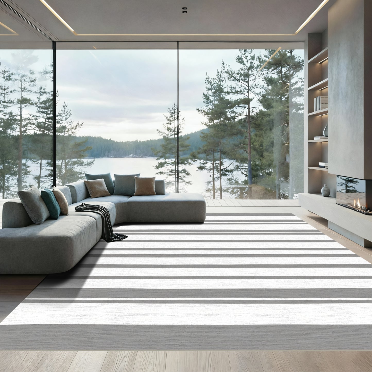 Chic Gray White Horizontal Stripe Rug
