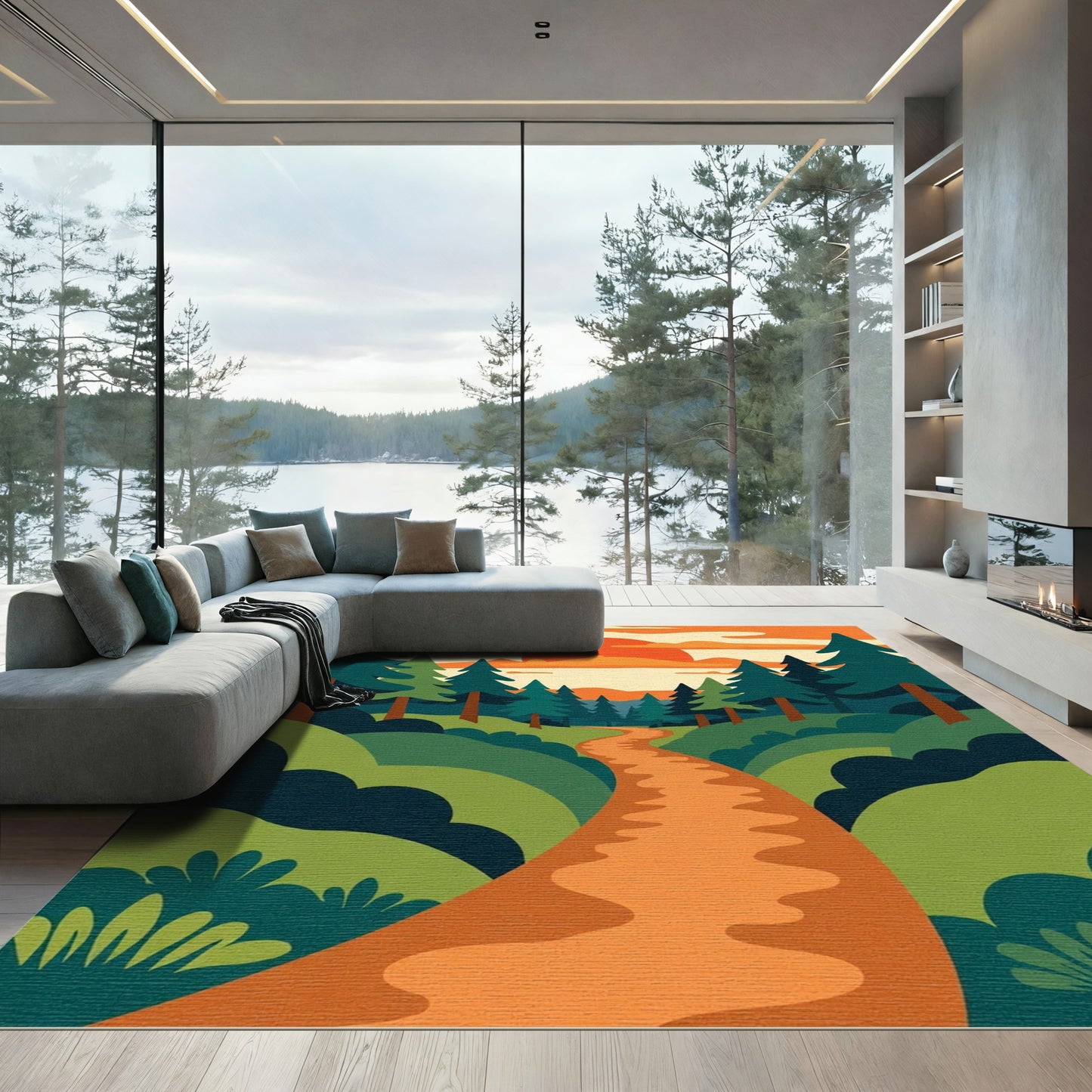 Sunset Pine Forest Winding Path Rug
