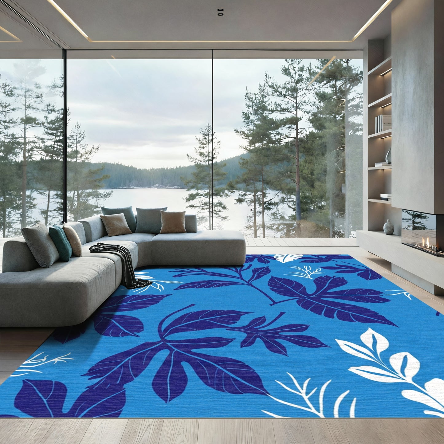 Contrast Blue Leafy Branch Meadow Rug