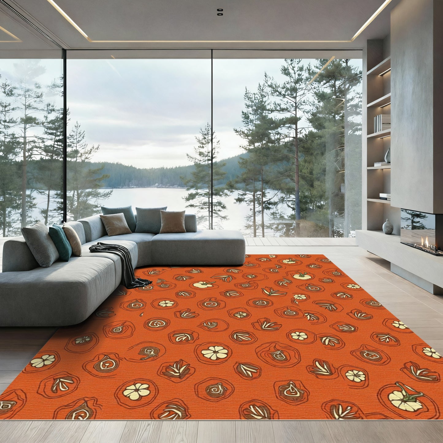 Orange Abstract Botanical Forms Rug