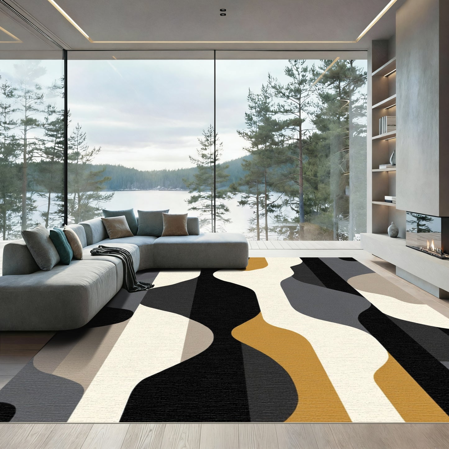 Abstract Ochre And Gray Flow Rug
