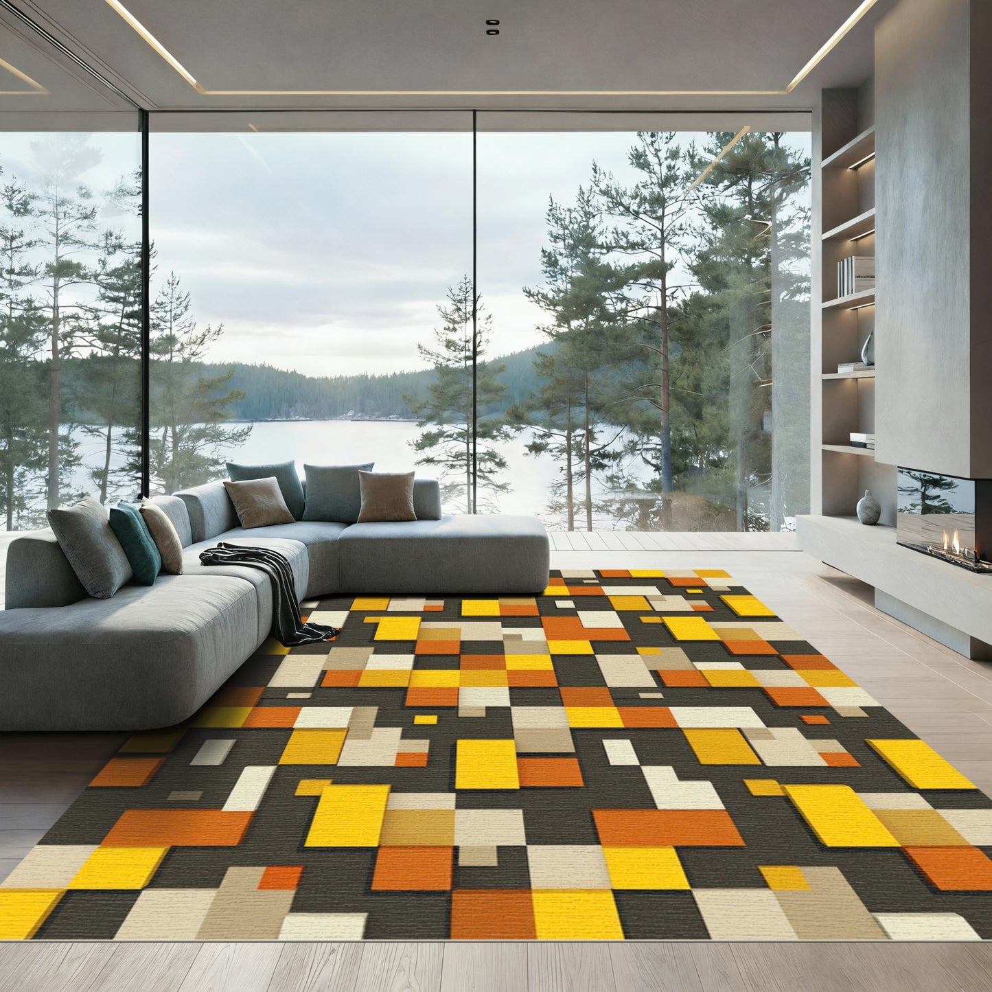 Geometric Abstract Mustard Orange Block Rug