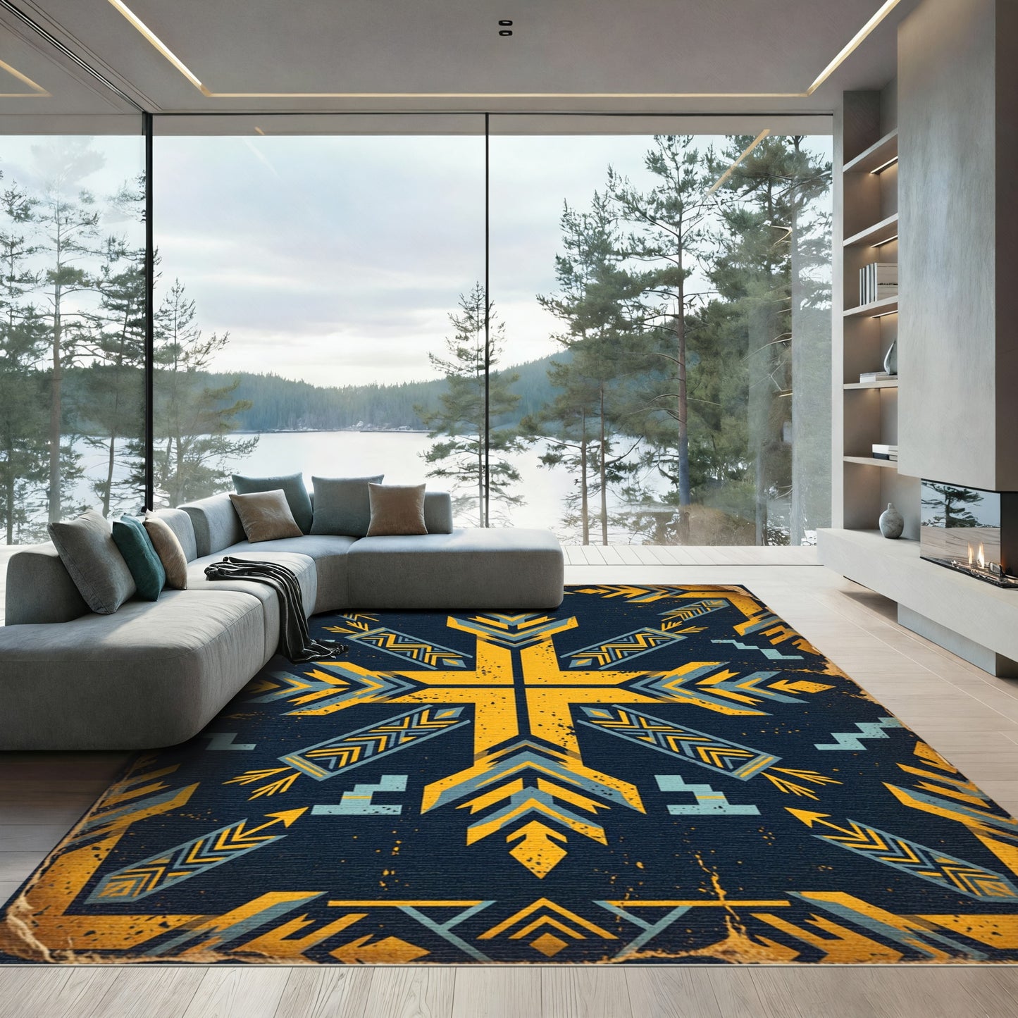 Yellow Blue Geometric Sunburst Rug