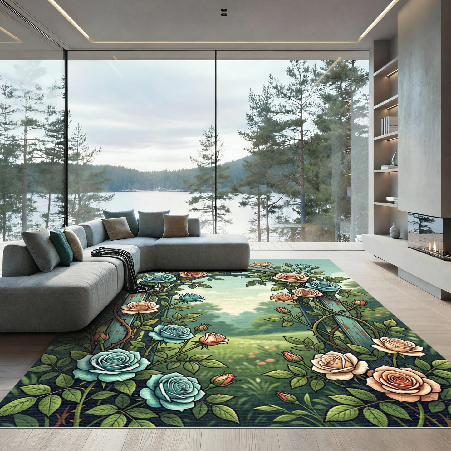 Enchanted Blue Peach Rose Trellis Rug