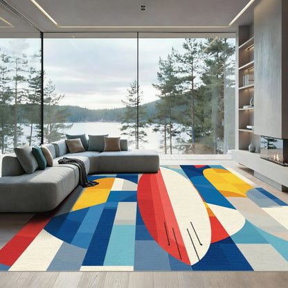 Abstract Red Cream Blue Geometric Forms Rug