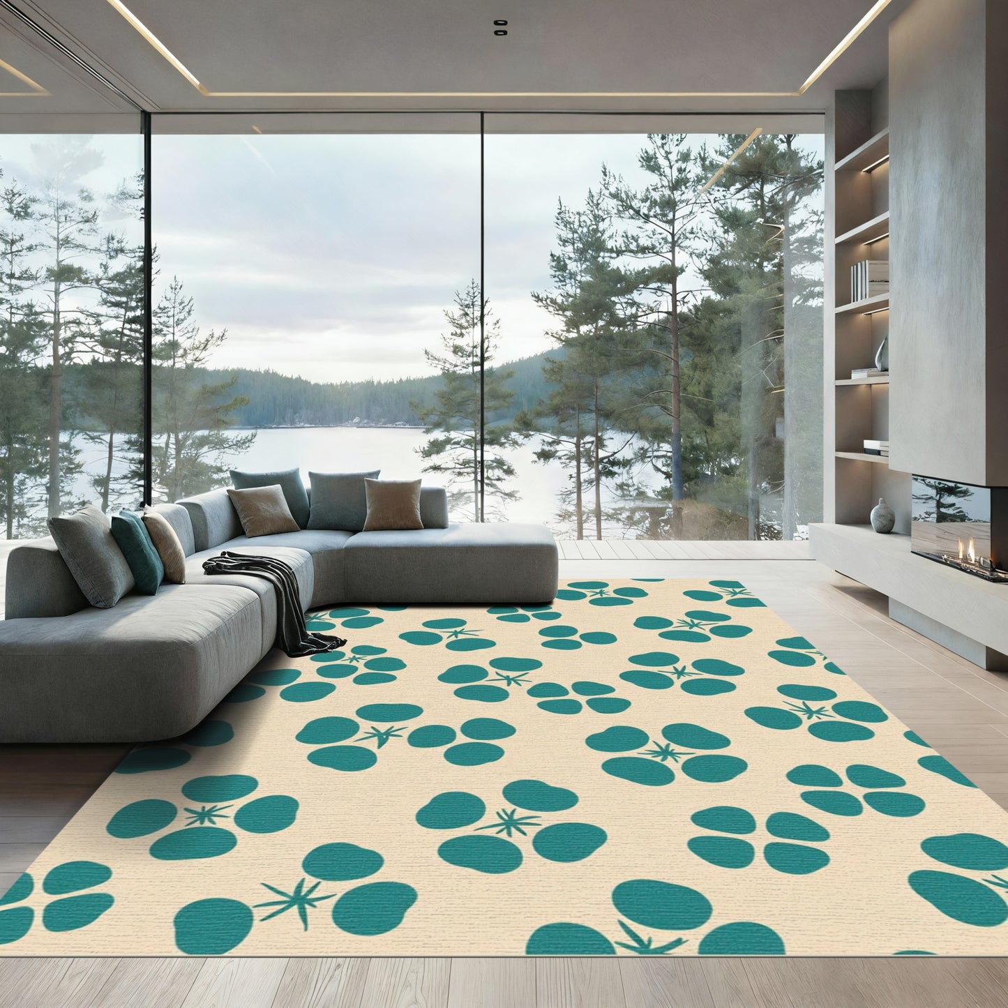 Teal Floral Clusters Light Beige Rug