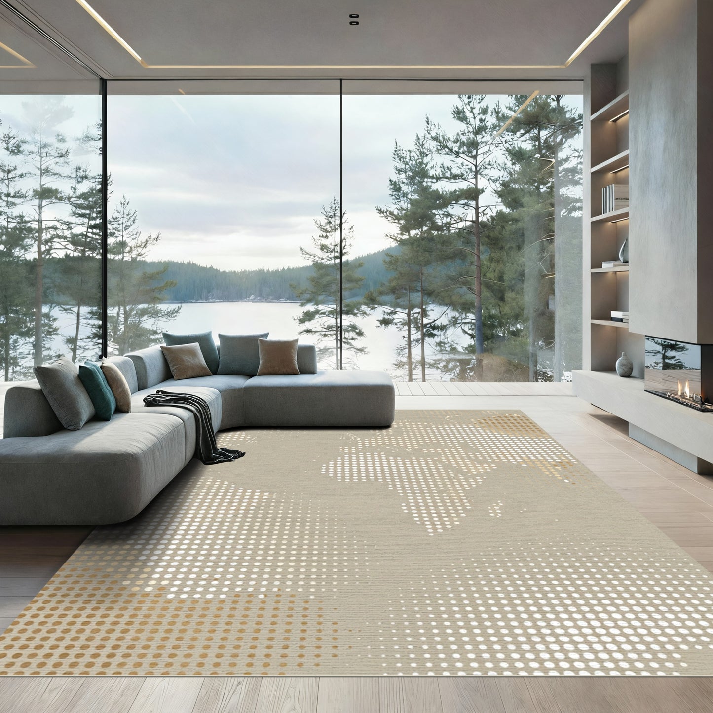 Subtle Tan World Map Halftone Dots Rug