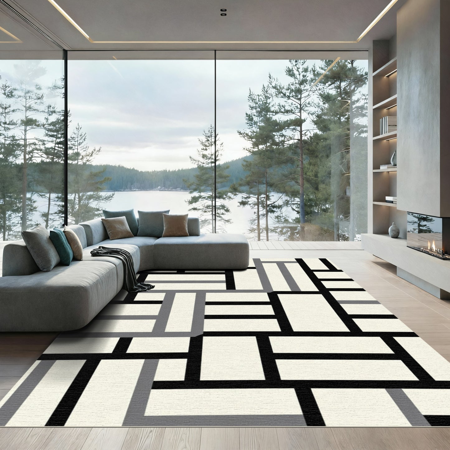 Geometric Blocks Black White Gray Rug