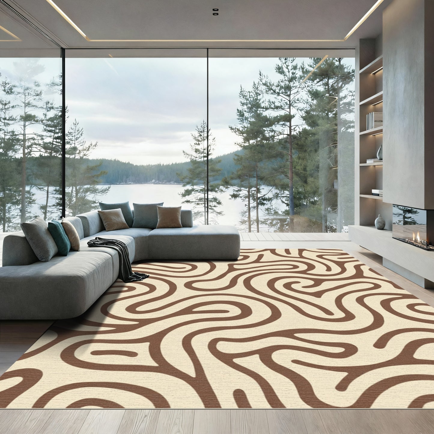 Cream Brown Abstract Swirl Rug
