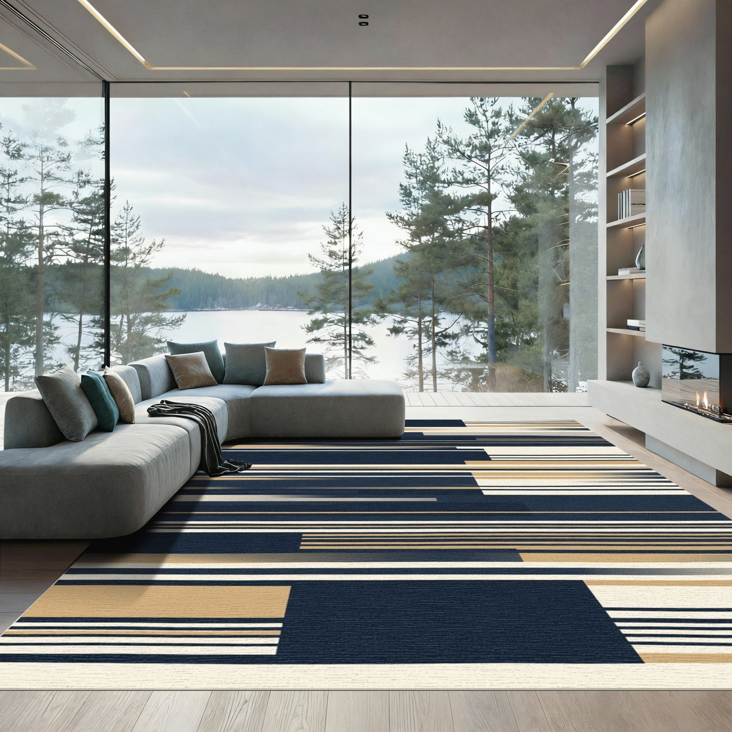 Deep Navy Tan Horizontal Stripe Rectangles Rug