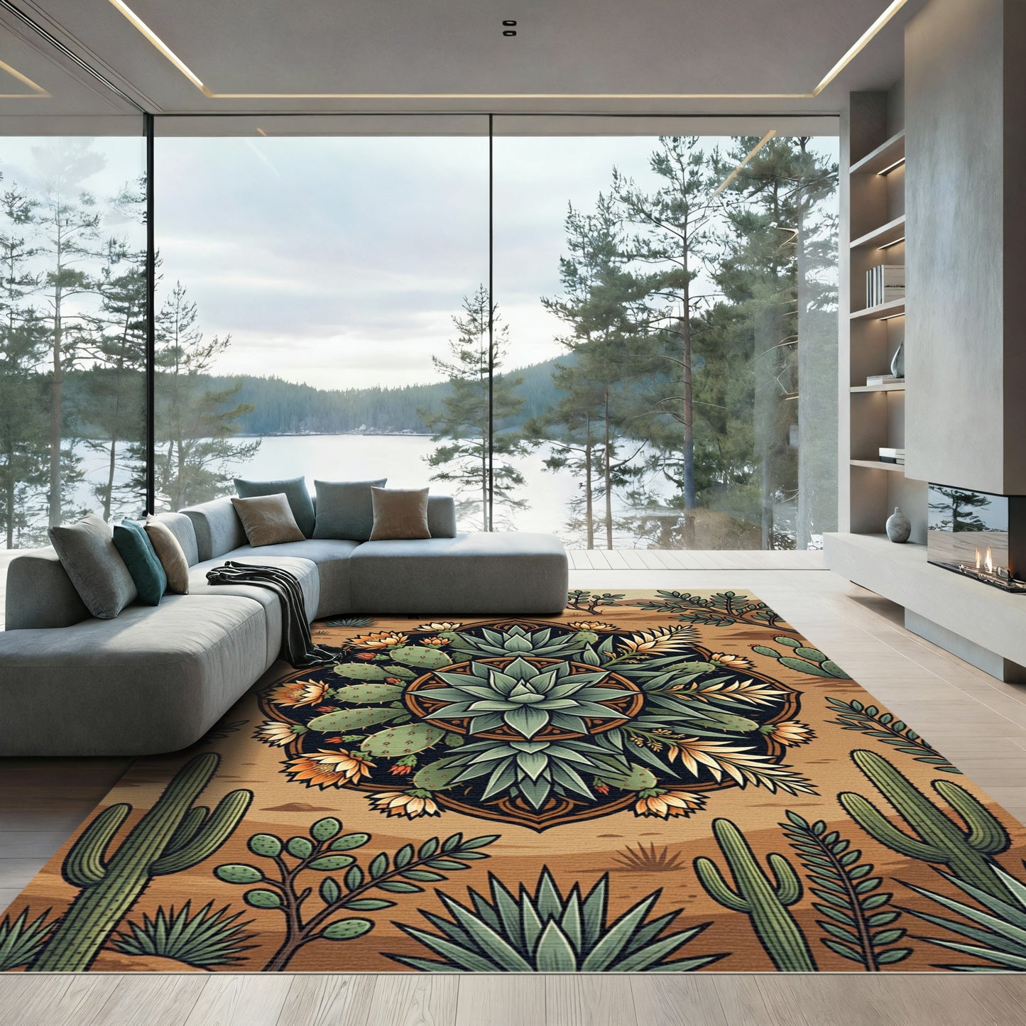 Desert Agave Flower Mandala Earthy Art Rug