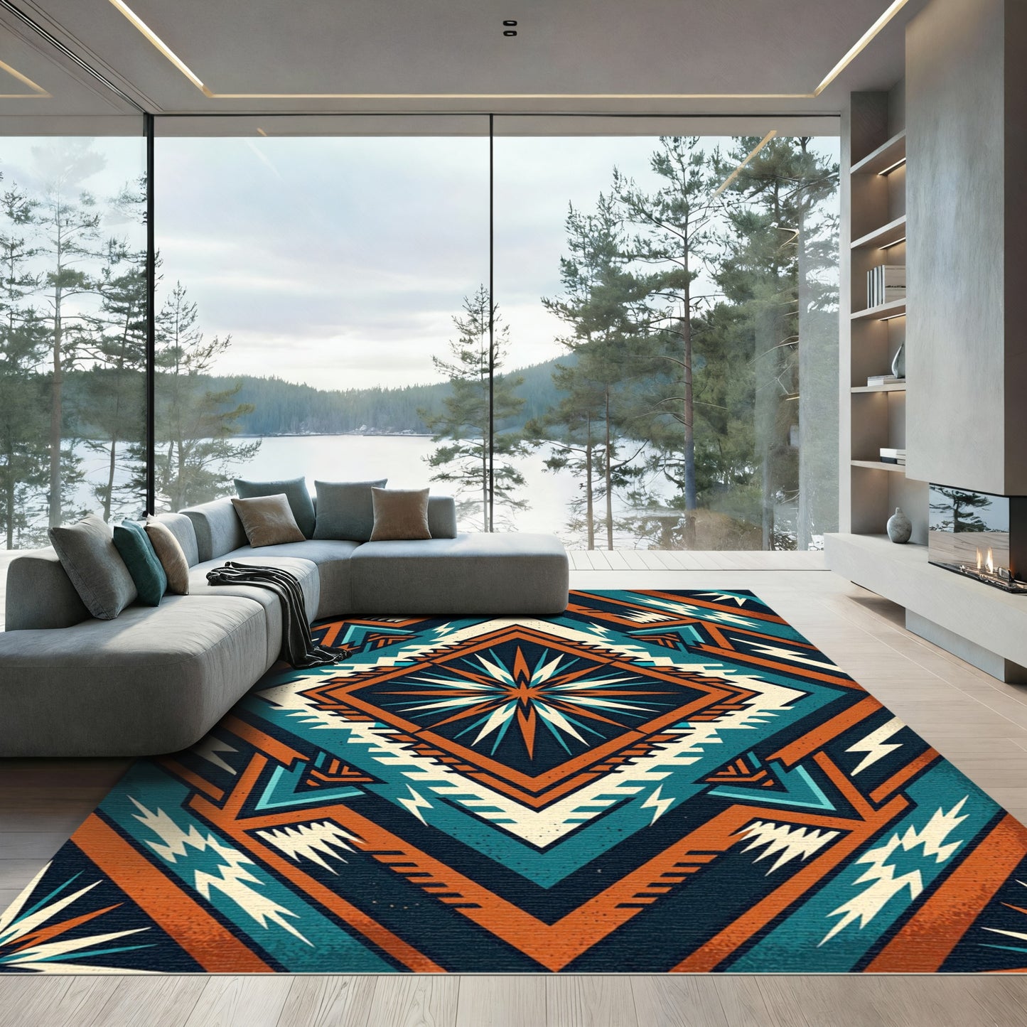 Teal and Burnt Orange Geometric Star Rug