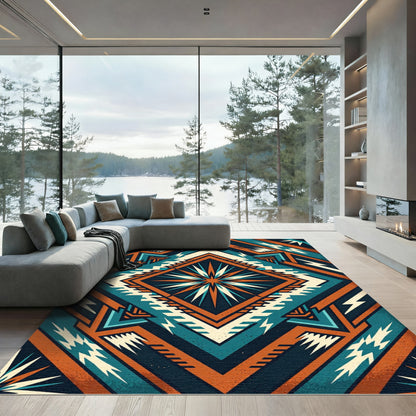 Teal and Burnt Orange Geometric Star Rug