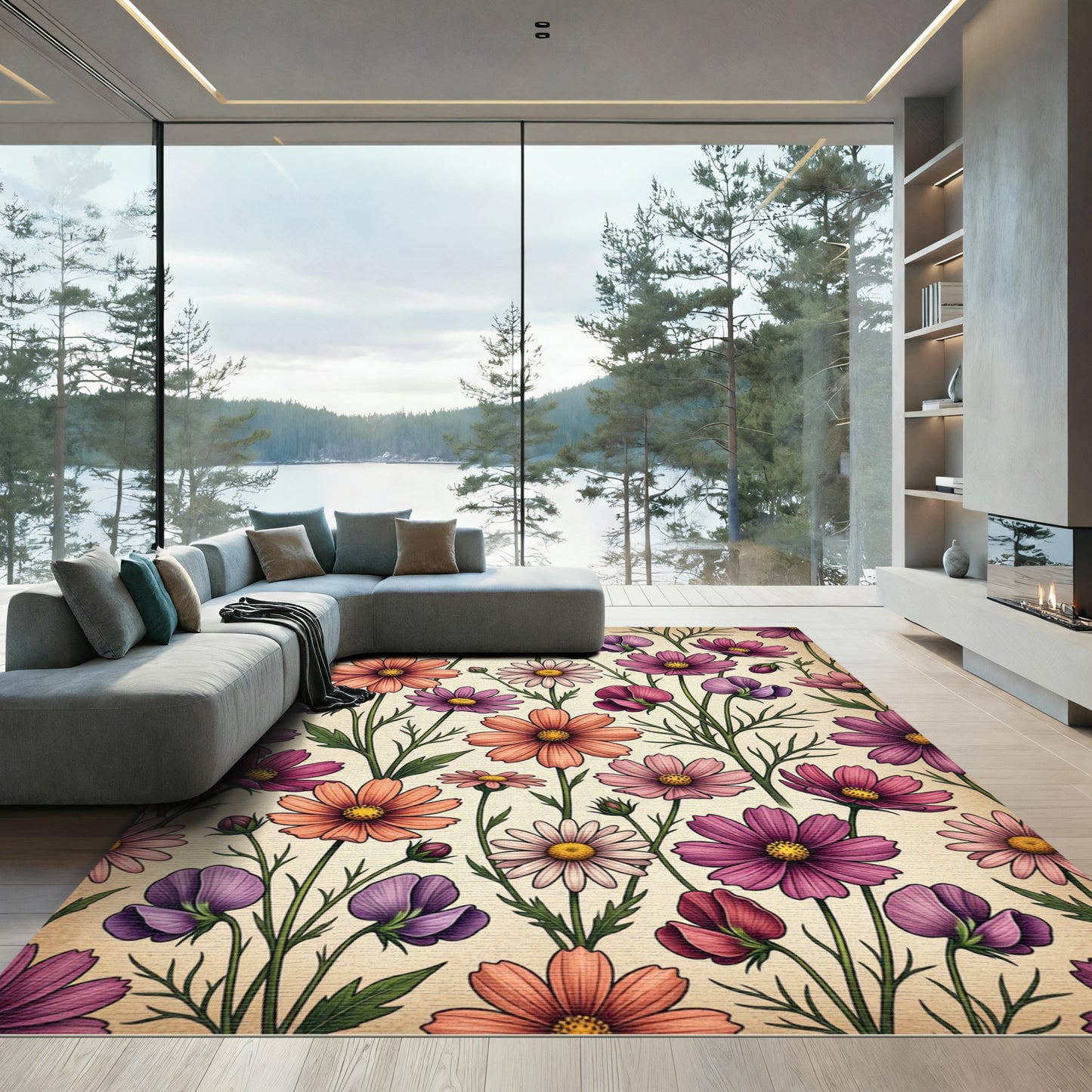 Vintage Botanical Cosmos Floral Meadow Rug