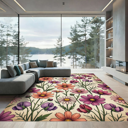 Vintage Botanical Cosmos Floral Meadow Rug