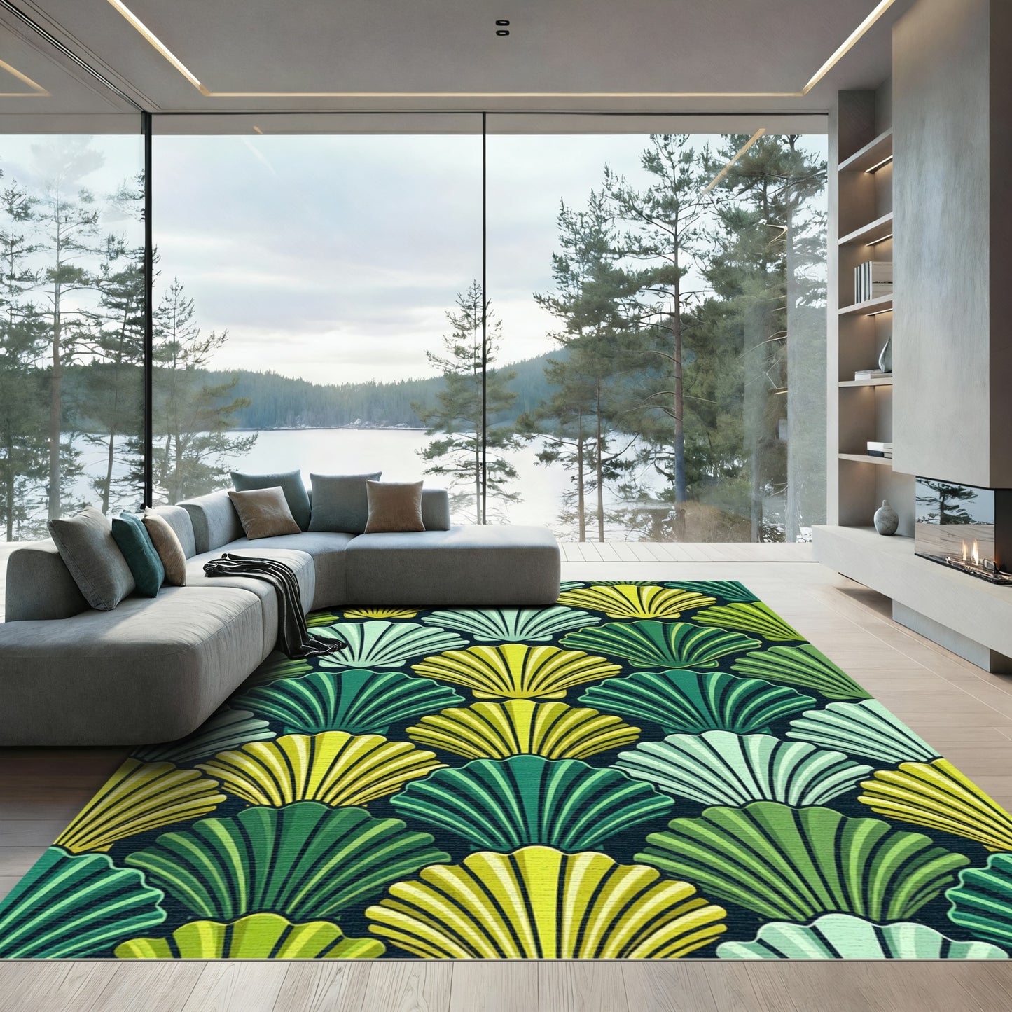Green Yellow Scallop Fan Arrangement Rug