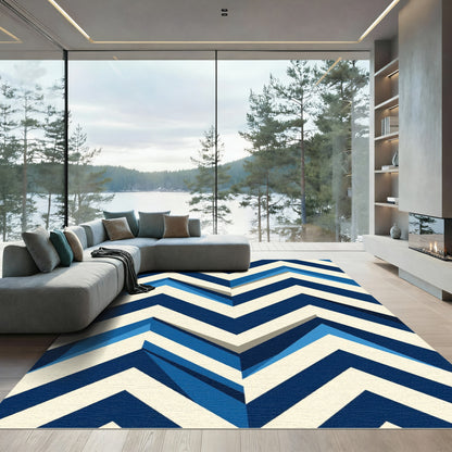 Modern Navy and Cream Chevron Zigzag Rug