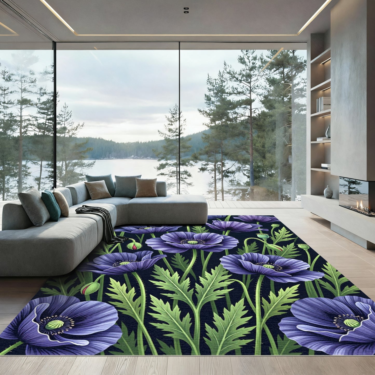 Deep Violet Poppy Botanical Art Rug