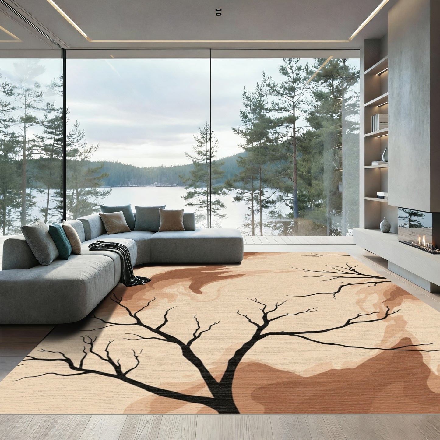 Earthy Brown Silhouette Tree Branches Rug