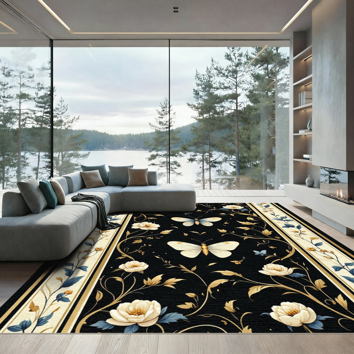 Black Floral Butterfly Garden Rug