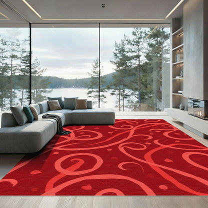 Crimson Swirls and Dots Composition Rug