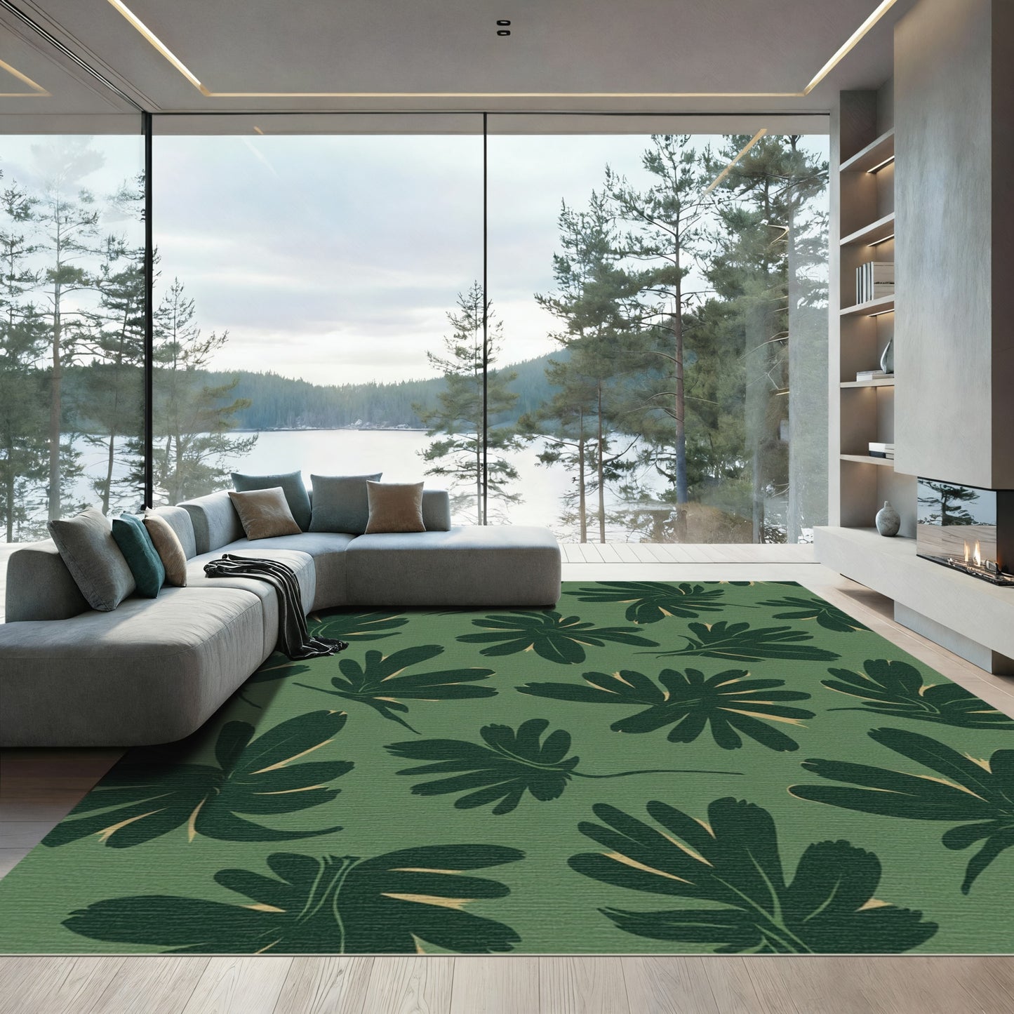 Deep Forest Green Leafy Bloom Rug