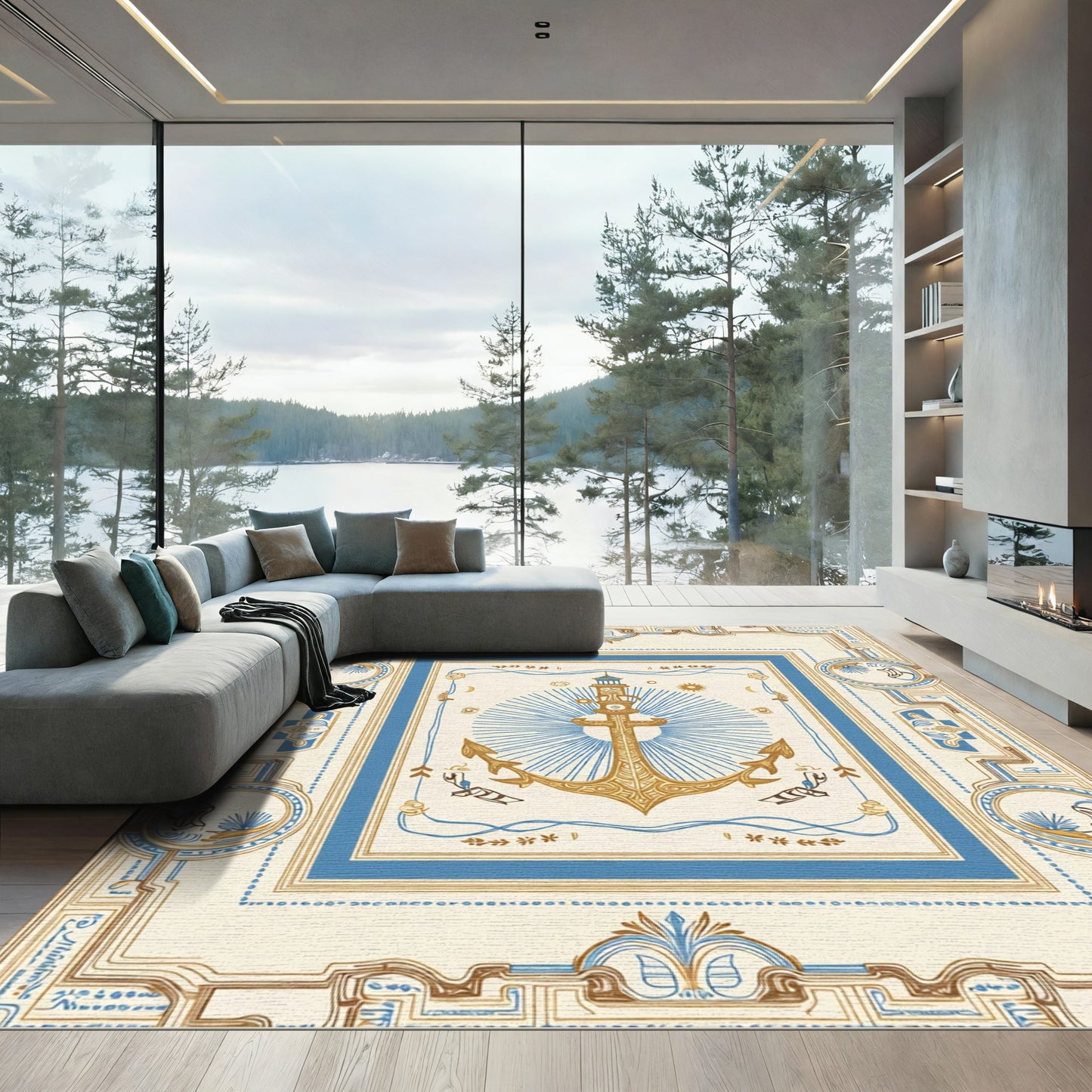 Nautical Golden Anchor Blue Border Rug
