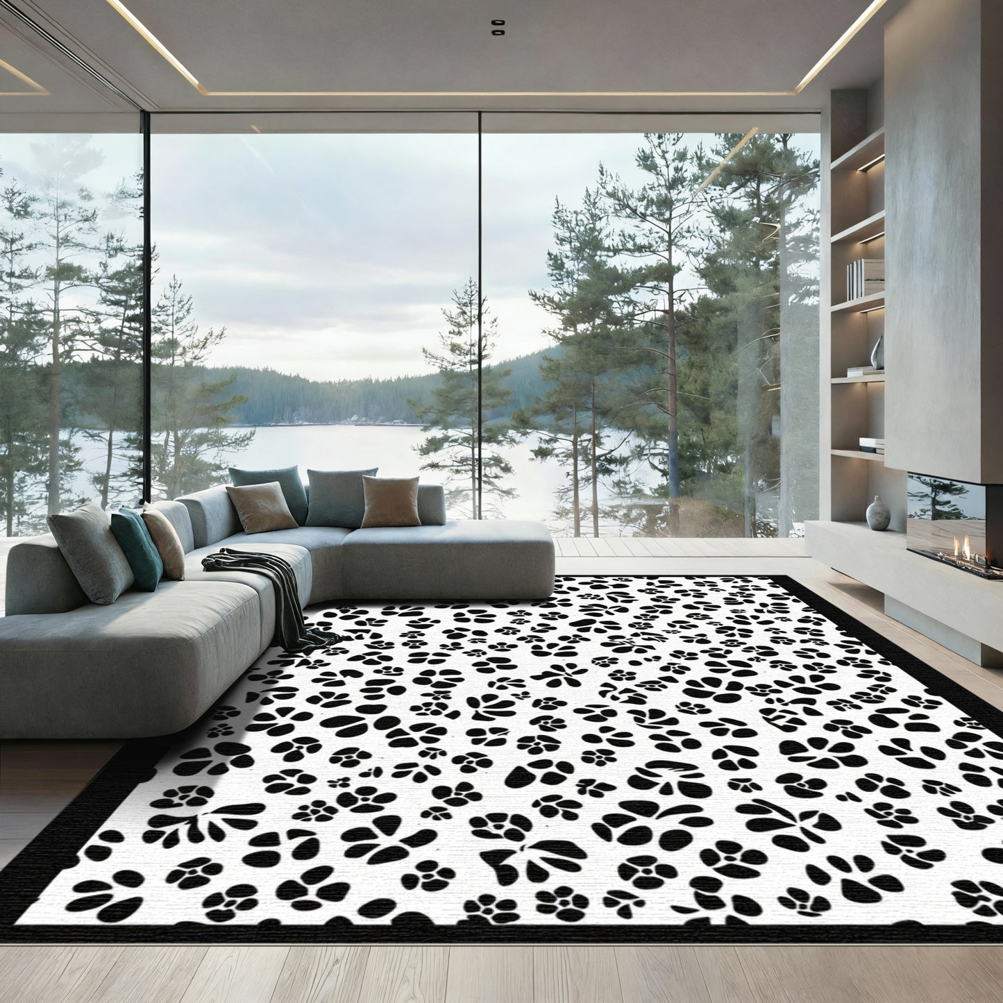 Black White Scattered Floral Elements Rug