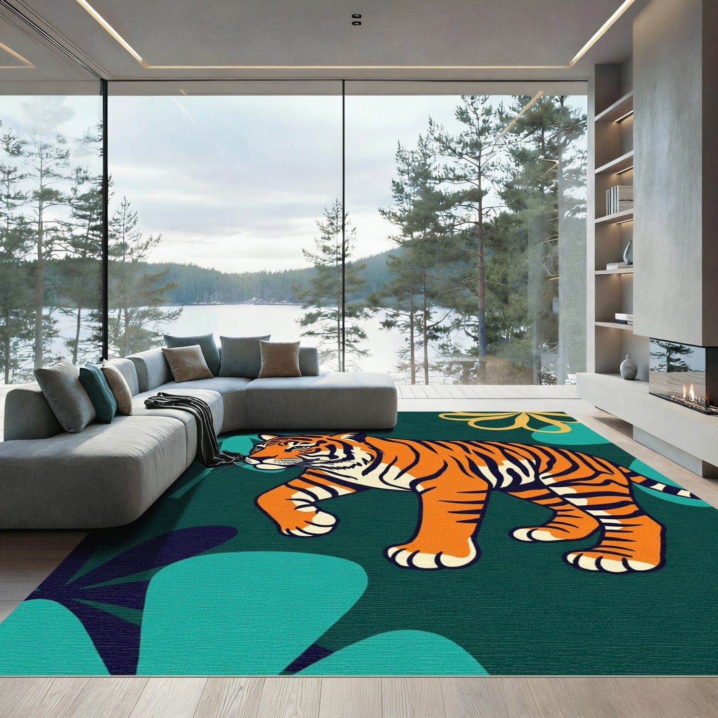 Vibrant Orange Tiger Jungle Foliage Rug
